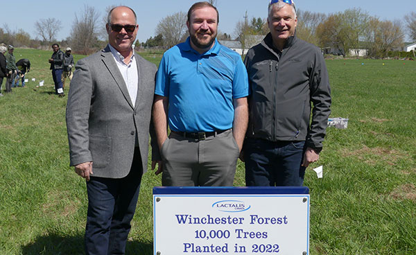 From left, His Worship North Dundas Mayor Tony Fraser, Member of Parliament for Stormont-Dundas-South Glengarry Eric Duncan and Lactalis Canada Plant Director Bruce Shurtleff participate in a special tree planting initiative at Lactalis Canada’s Winchester site that will serve to improve the local environment and benefit the community.