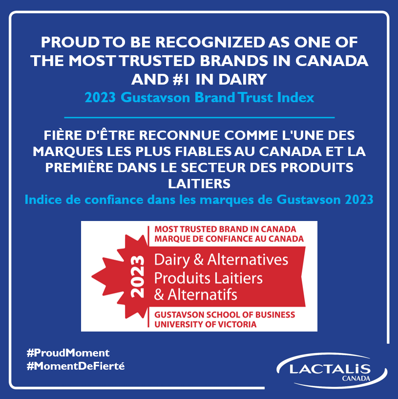 Lactalis Canada reconnue comme l’une des marques les plus dignes de confiance au Canada et le chef de file de l’industrie laitière selon  l’Indice Gustavson Brand Trust Index 2023