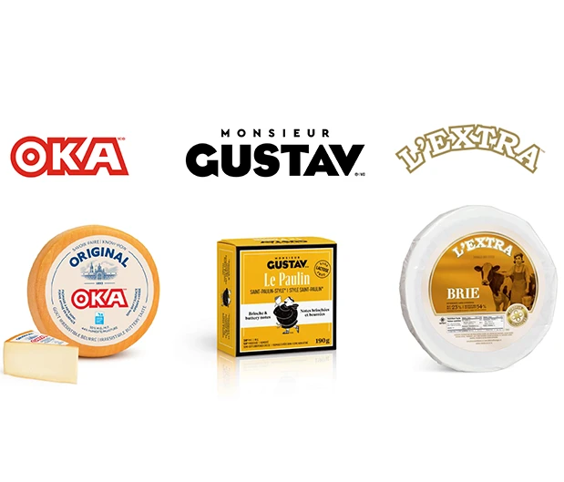 An image displaying the 3 brands with their logos and their cheese