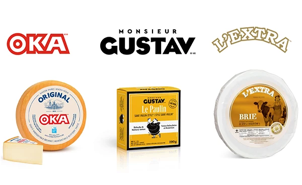 Une image montrant les trois marques avec leurs logos et leurs fromages.