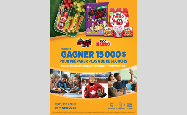 Poster de promotion de la campagne « Pour préparer plus que des lunchs » avec des photos d'enfants et des produits Cheesestrings and iOGO nano