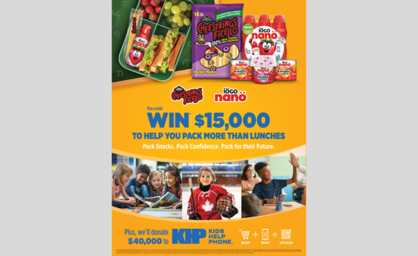 Poster promoting Pack More Than Lunches campaign in support of KHP with pictures of kids and Cheesestring and iOGO nano