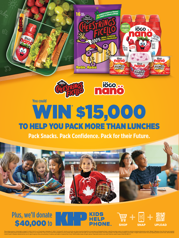 Poster promoting Pack More Than Lunches campaign in support of KHP with pictures of kids and Cheesestring and iOGO nano