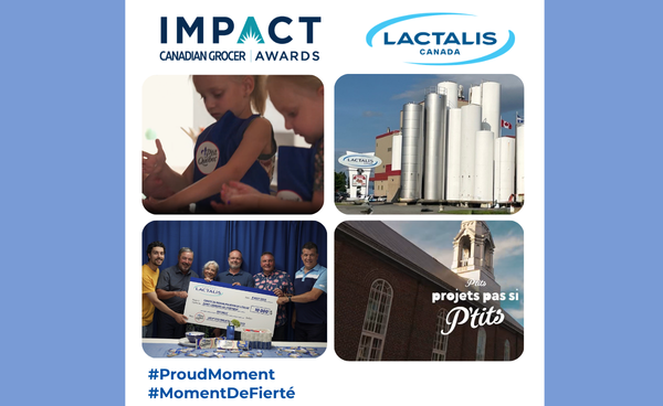 Mélange d'images incluant des enfants cuisinant, une remise de chèque de Lactalis Canada pour le projet de P'tit Québec P'tits projects pas si p'tits et une photo de l'usine de Lactalis Canada à Victoriaville.