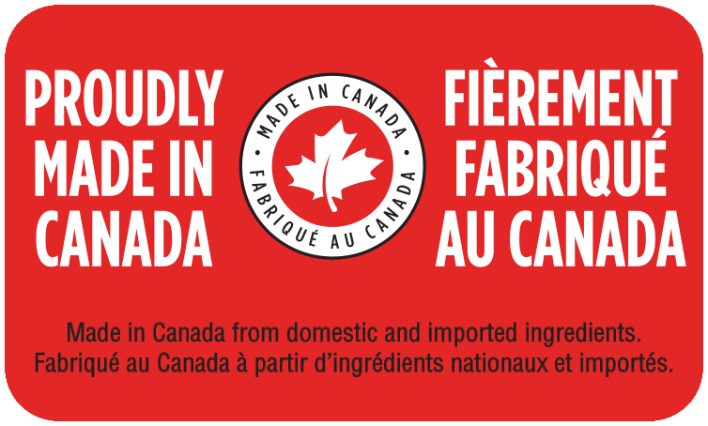 Proudly Made in Canada from domestic and imported ingredients
